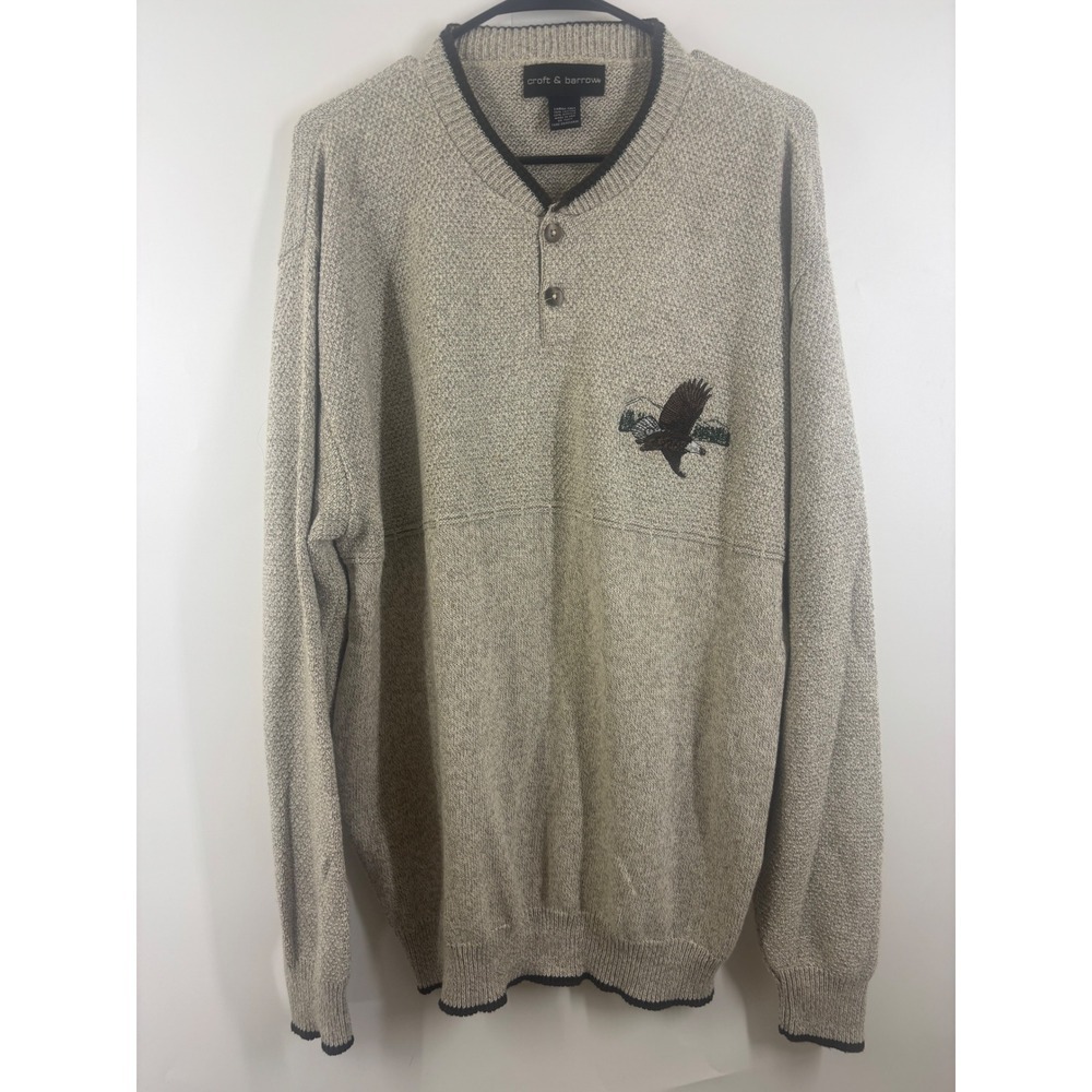 Croft & Barrow Mens Large Tall Henley Sweater Beige Eagle Mountain Knit USA Made